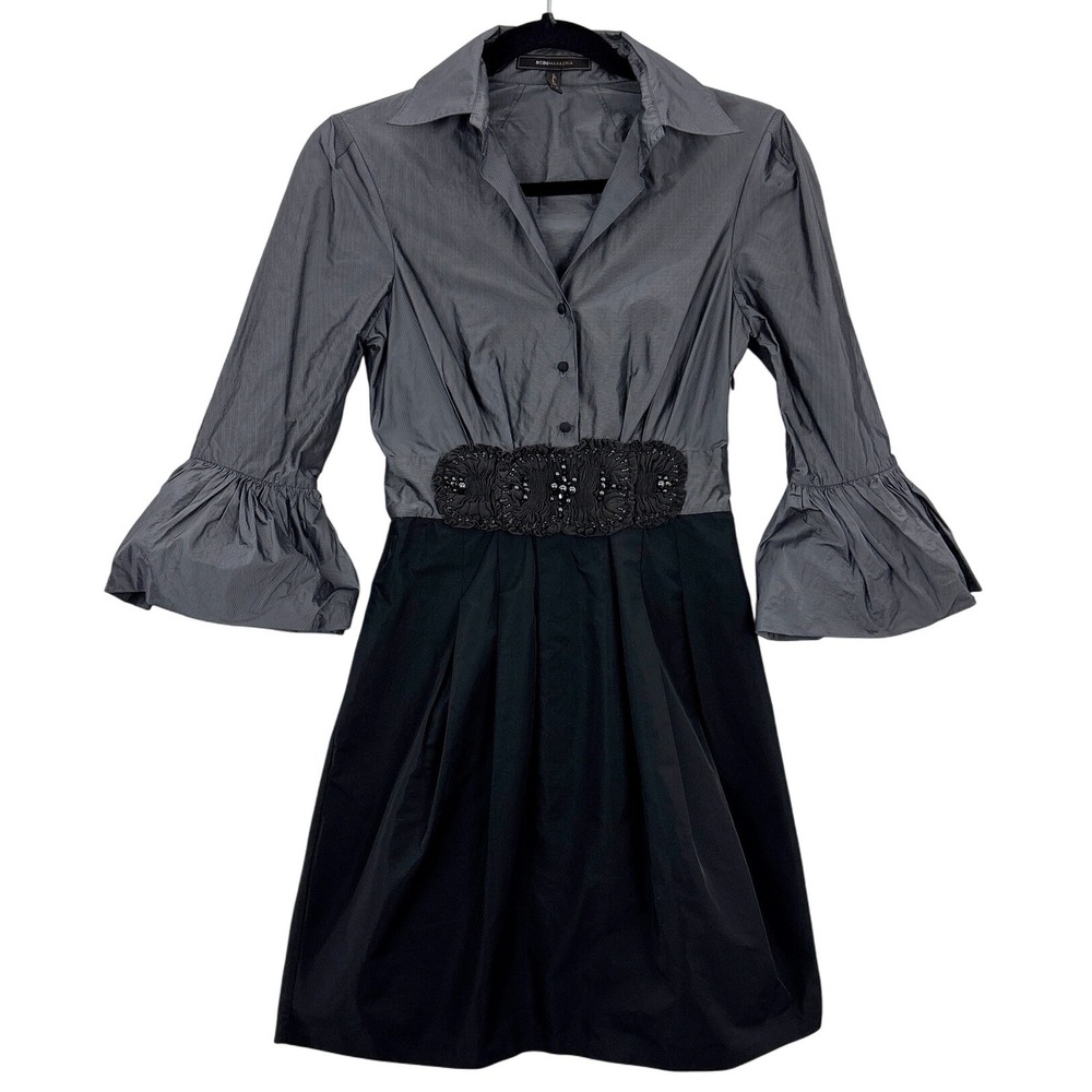 BCBGMaxAzria Dress Womens Size 0 Gray Black Shirt Dress Bell Sleeve Beaded Waist